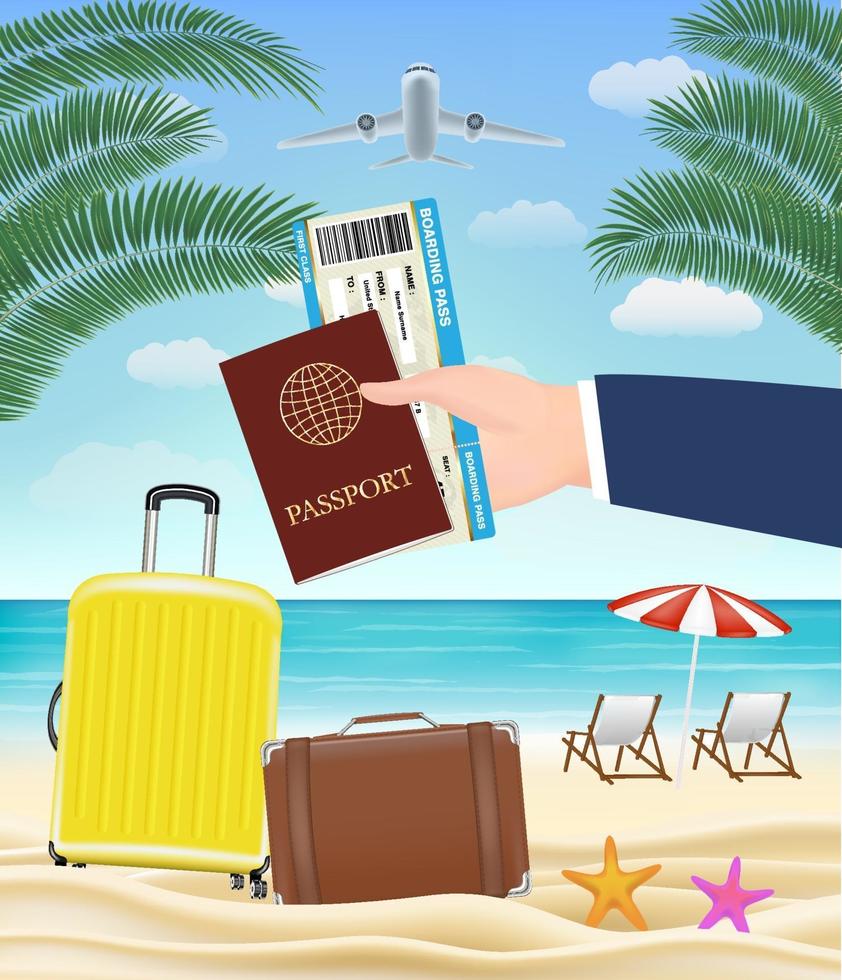 mão segurar passaporte cartão de embarque viajar para a praia vetor
