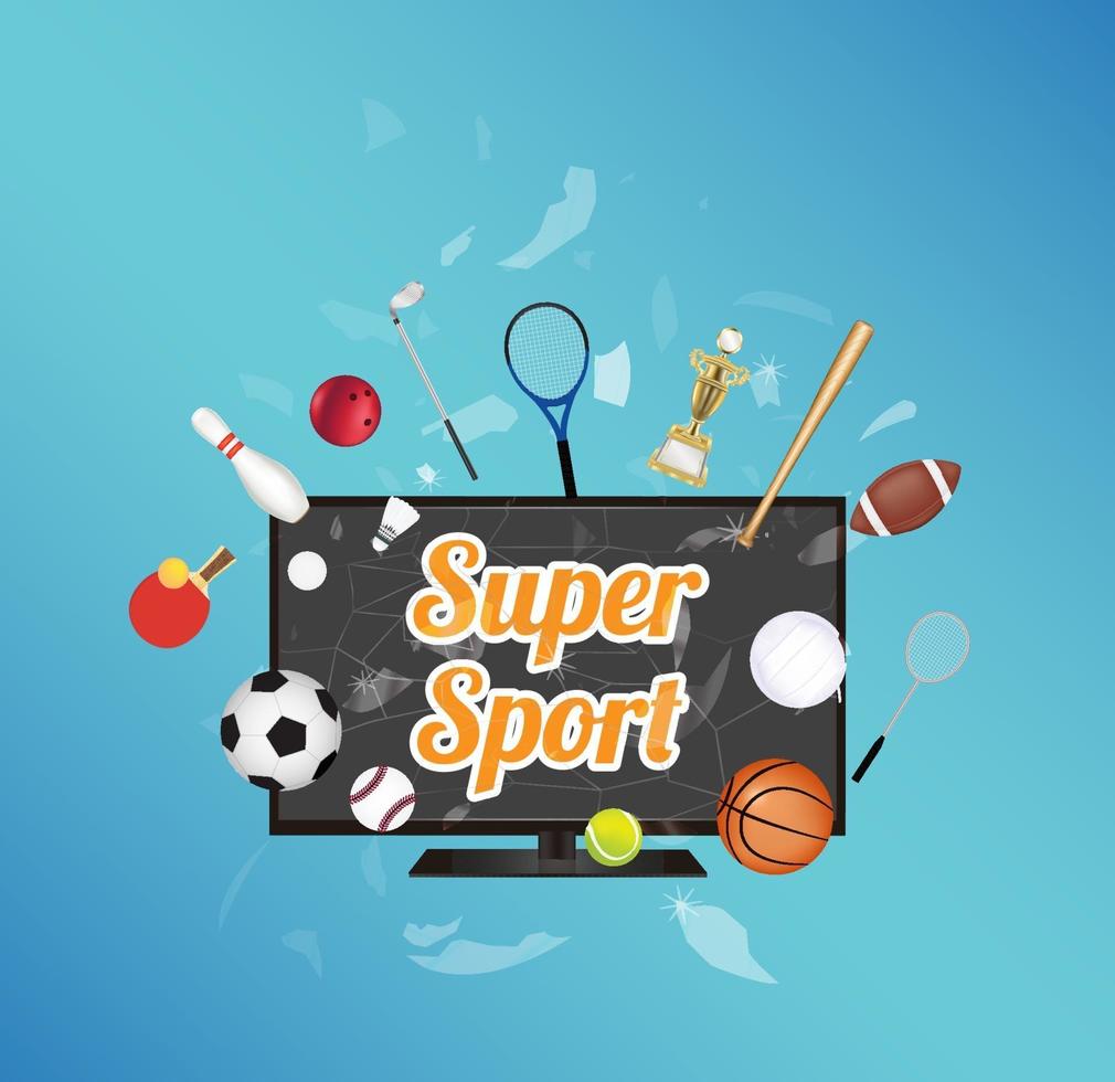 superesporte na tela da televisão inteligente com equipamentos esportivos flutuando na televisão inteligente explodida vetor