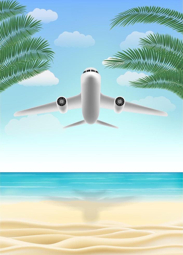 avião voando viagem para praia de areia do mar vetor