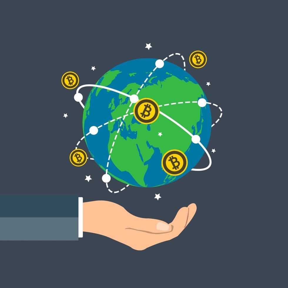 empresário segurando um globo terrestre, gráfico de crescimento de conceito de bitcoin segurando a mão, bitcoin girando ao redor do mundo. vetor