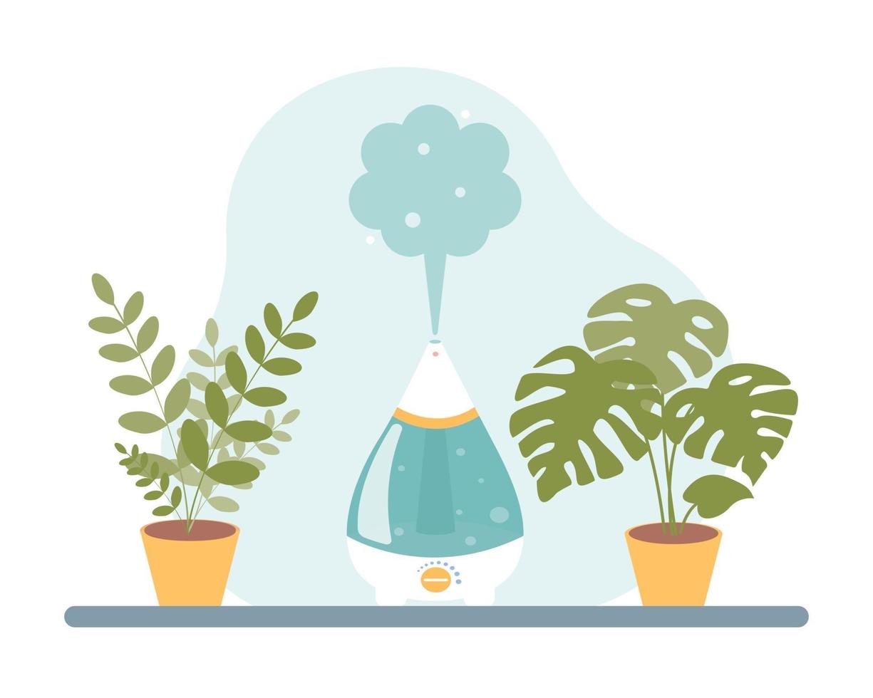 umidificador na mesa com plantas de interior. ilustração vetorial em um estilo cartoon plana em um fundo branco vetor