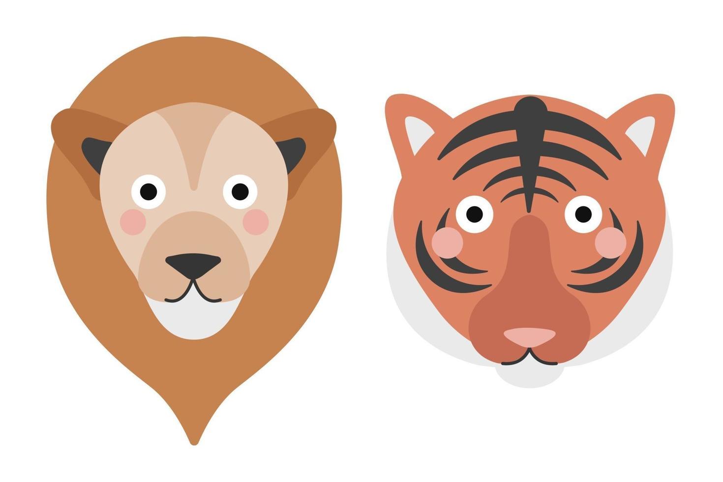 tigre bonito e cara de leão em fundo branco. ilustração vetorial em estilo de desenho animado simples, impressão infantil vetor