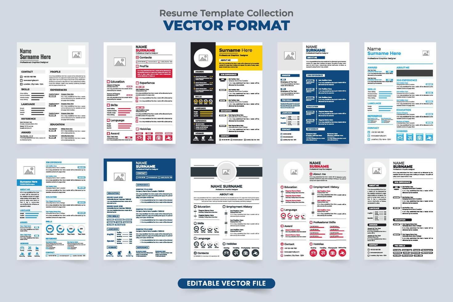 escritório trabalho inscrição cv e currículo modelo conjunto vetor com foto espaços reservados. moderno currículo disposição Projeto coleção para funcionários. companhia estagiário cv modelo agrupar vetor para oficial trabalhar.