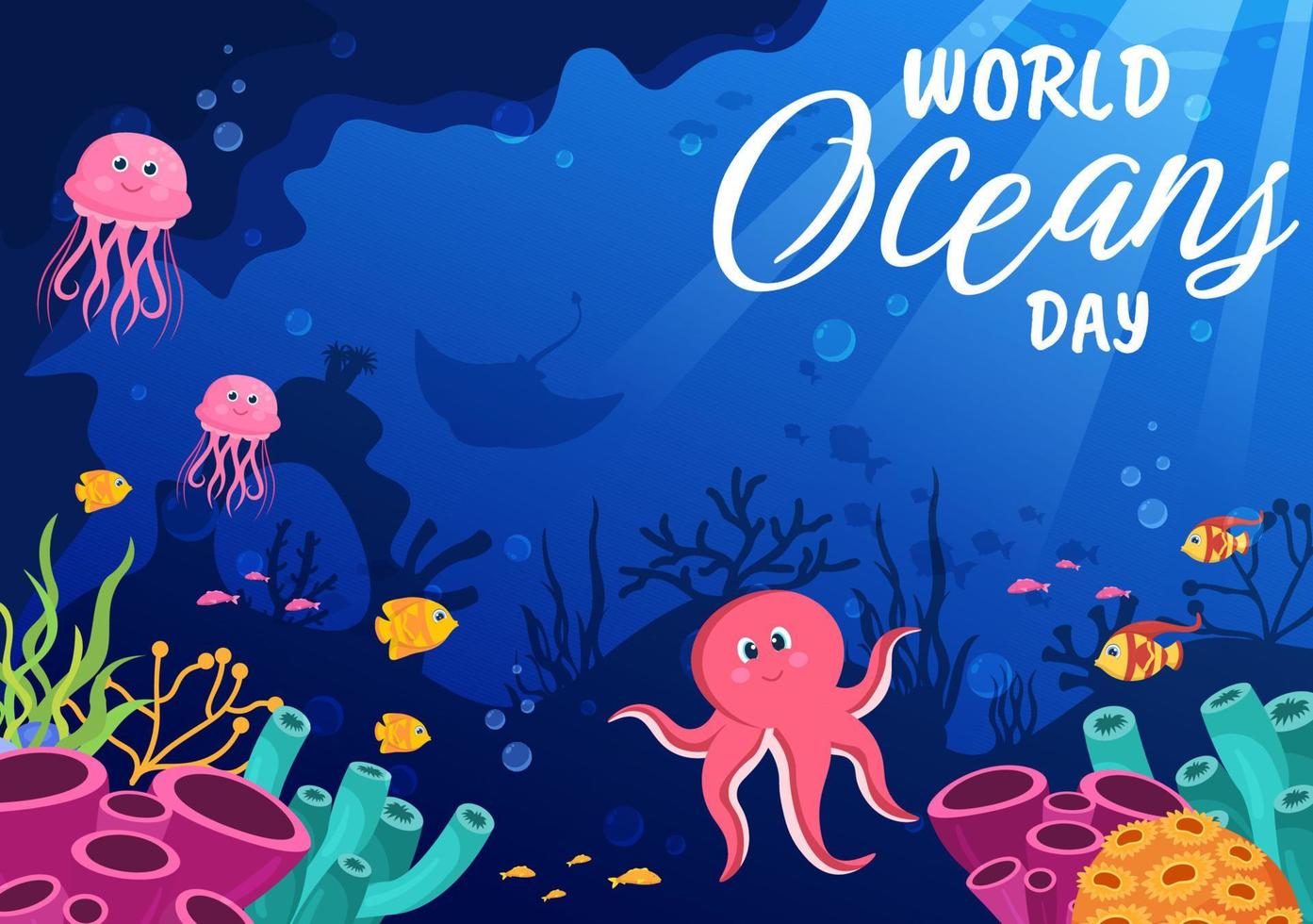 mundo oceanos dia ilustração para Socorro proteger e conservar oceano, peixe, ecossistema ou mar plantas dentro plano desenho animado mão desenhado para aterrissagem página modelos vetor
