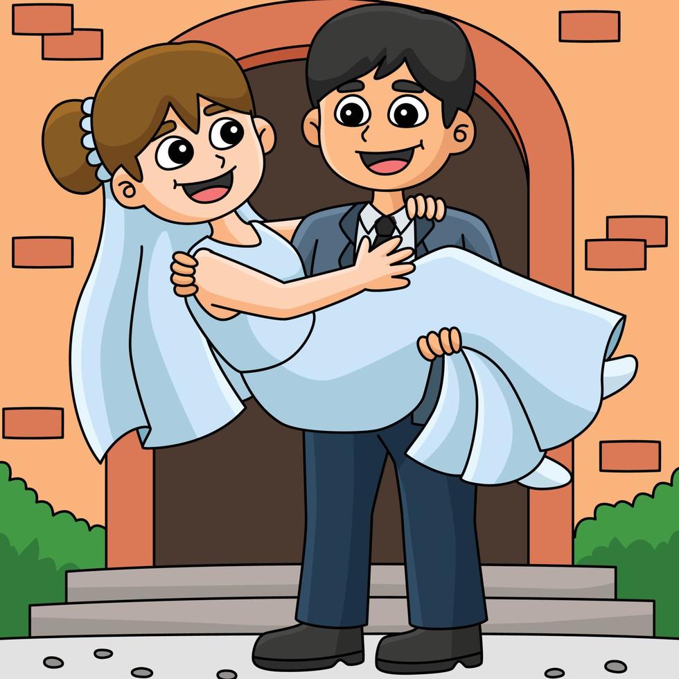 Casamento noivo carregando noiva colori desenho animado vetor