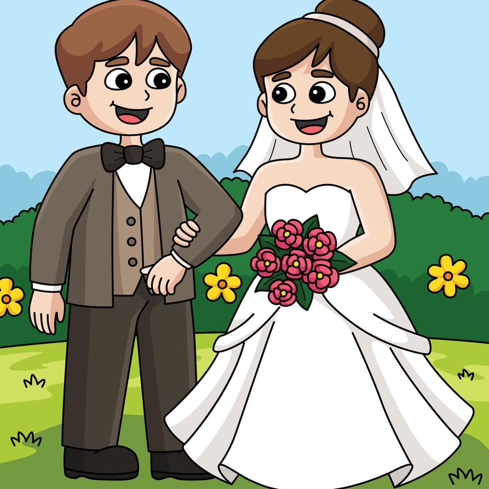 Casamento noivo e noiva colori desenho animado vetor