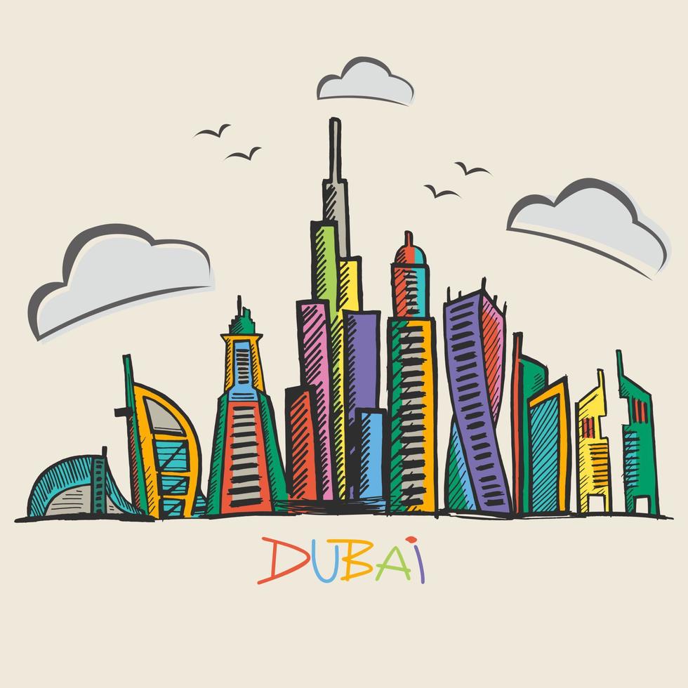 dubai cidade colorida papel cortar estilo, vetor estoque ilustração. paisagem urbana com todos famoso edifícios. Horizonte dubai cidade composição para Projeto