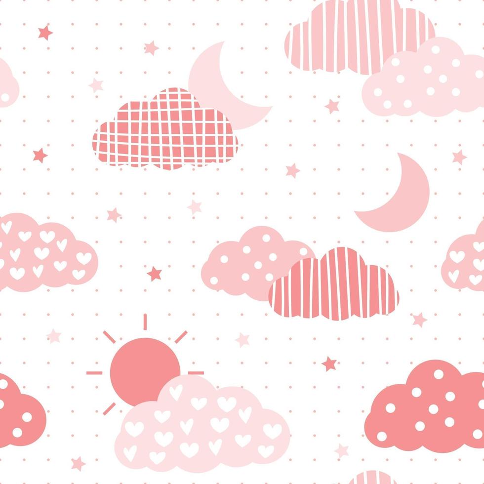 Fofo rosa pastel nuvem lua e sol desenho padrão sem emenda vetor