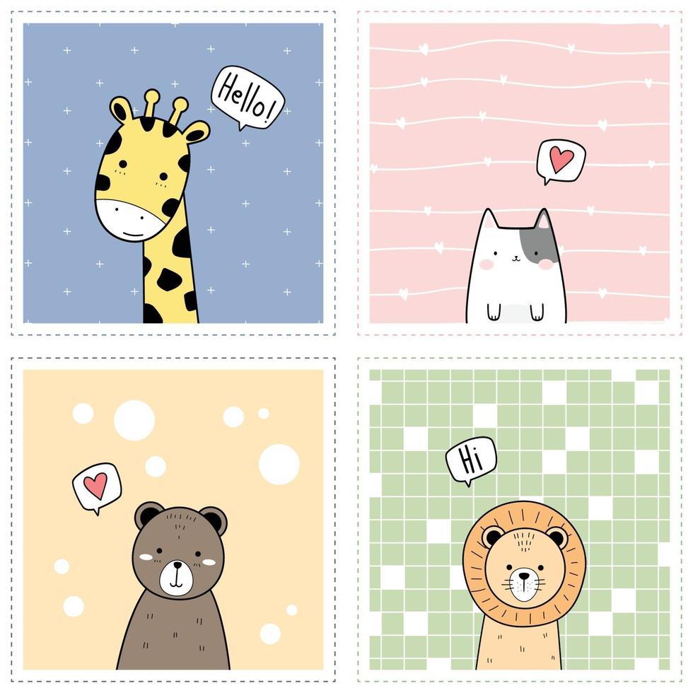 animais fofos girafa gato urso e leão cumprimentando desenho animado doodle coleção de cartas vetor