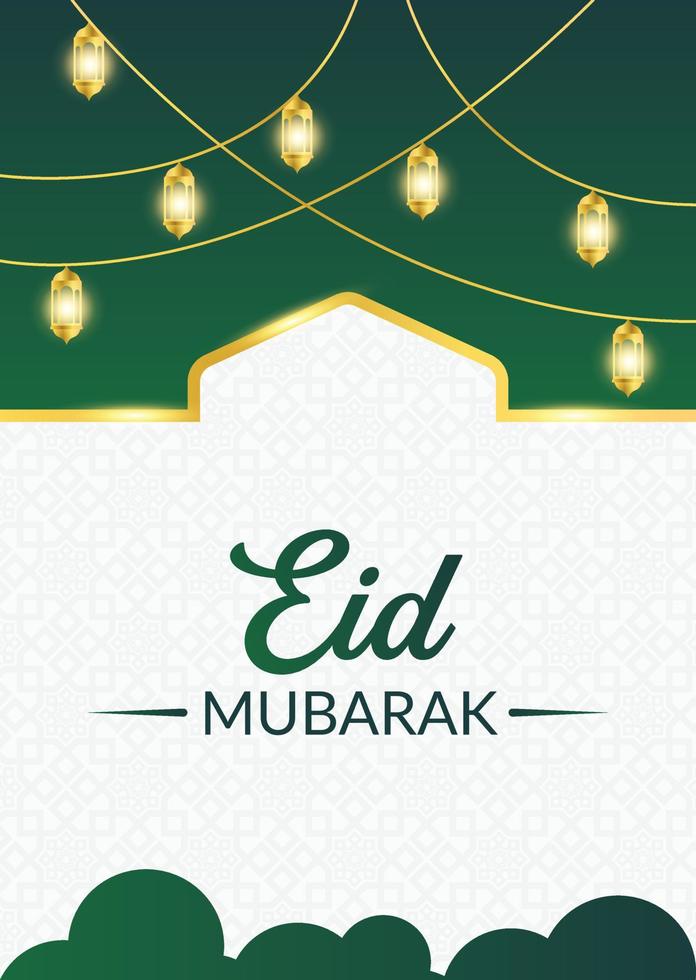 eid Mubarak horizontal bandeira e poster modelo com iluminado lanternas islâmico enfeite e nuvem vetor