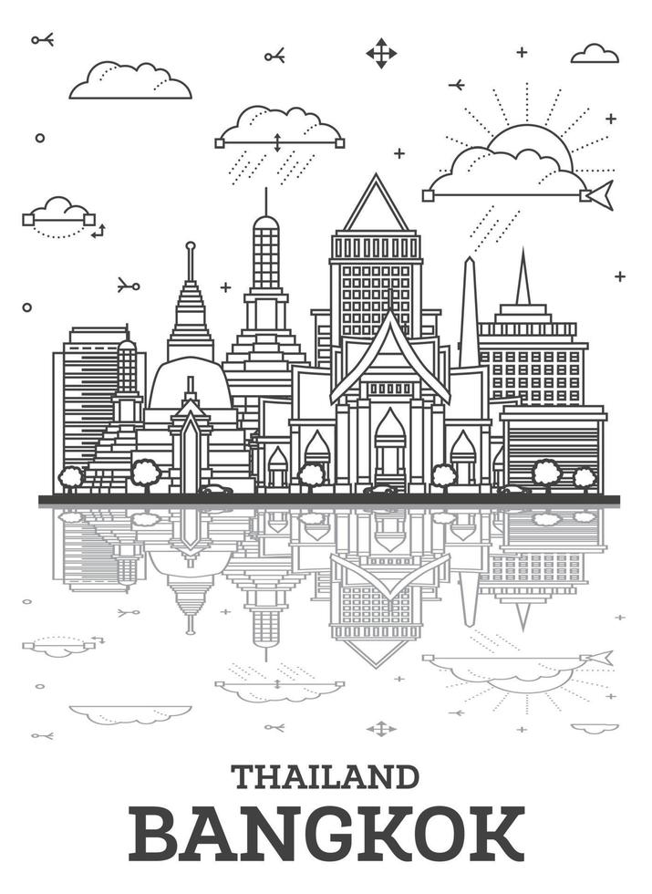 esboço Bangkok Tailândia cidade Horizonte com histórico edifícios e reflexões isolado em branco. Bangkok paisagem urbana com pontos de referência. vetor