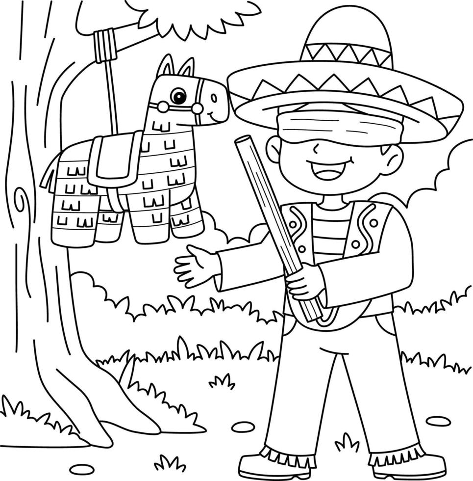 cinco de maionese mexicano Garoto com pinata coloração vetor