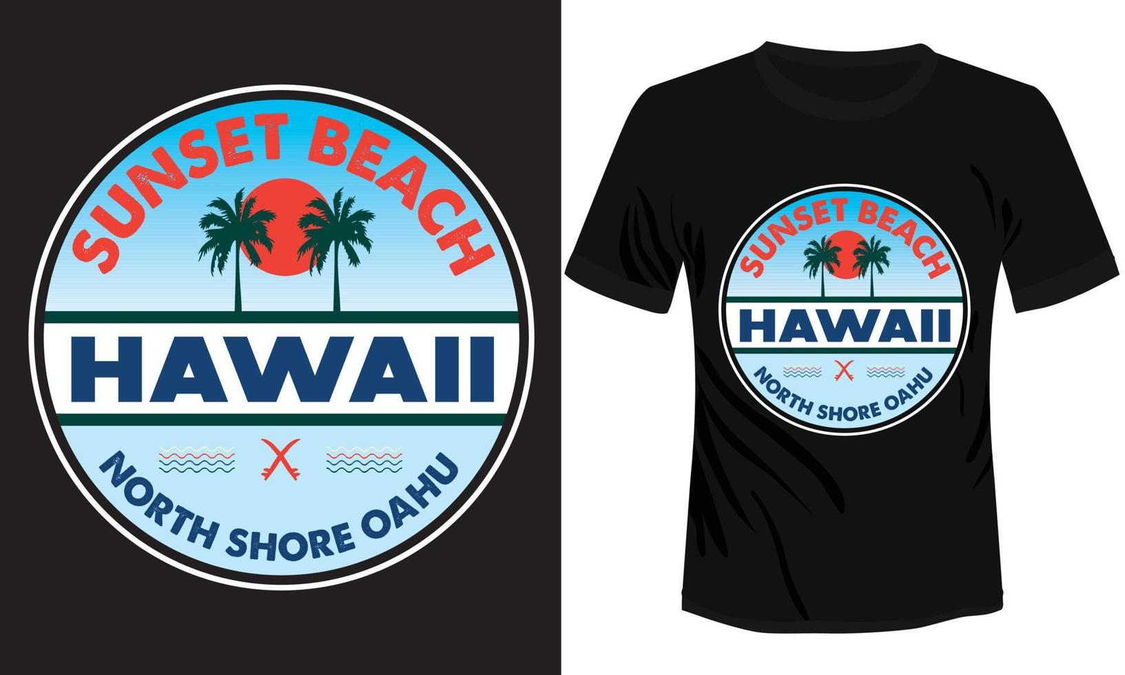 Havaí norte costa oahu camiseta Projeto pronto para impressão, vetor ilustração do pôr do sol de praia