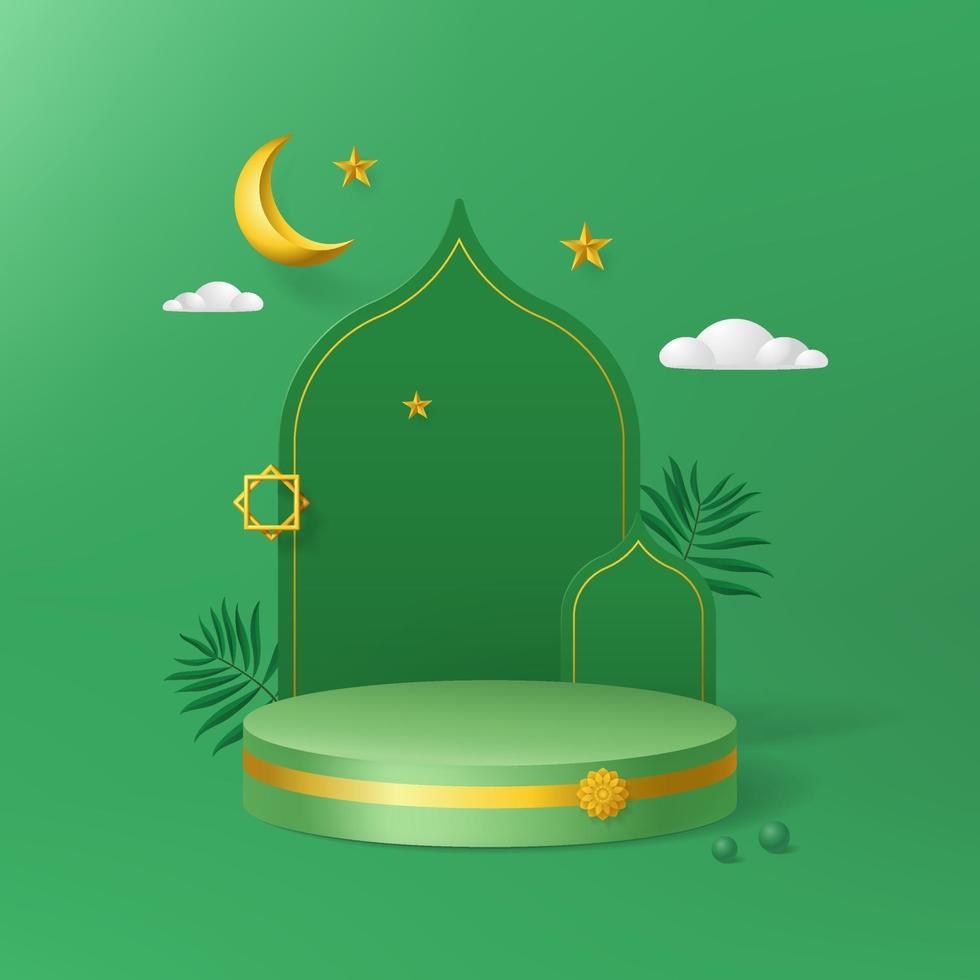 Plataforma islâmica de cilindro mínimo em fundo verde para o ramadã com folha, lua crescente dourada, estrelas. Pódio de vetor 3D para exibição de produtos, apresentação, palco, base