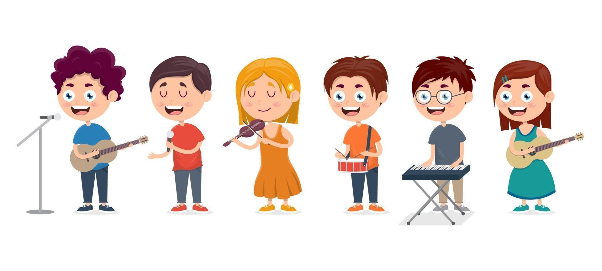 crianças tocando vários instrumentos musicais ilustração vetor