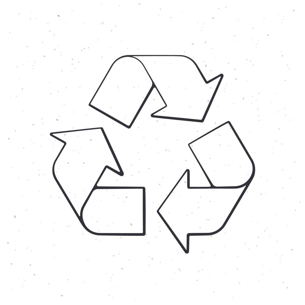 reciclando símbolo. contorno. vetor ilustração. no mundo todo atenção placa para de Meio Ambiente problemas. triangular eco amigáveis placa do reutilizado. mão desenhado esboço para embalagem. isolado branco fundo