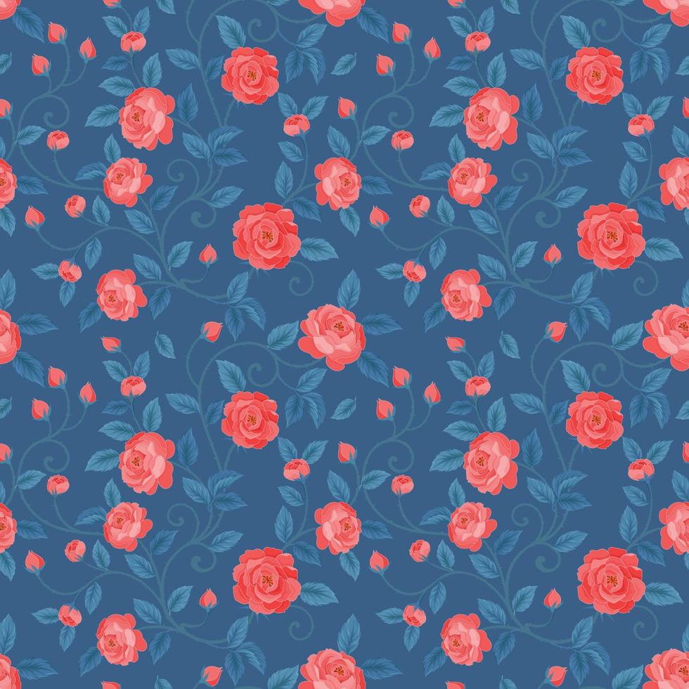 vermelho rosas flores em Sombrio azul cor desatado padronizar vetor