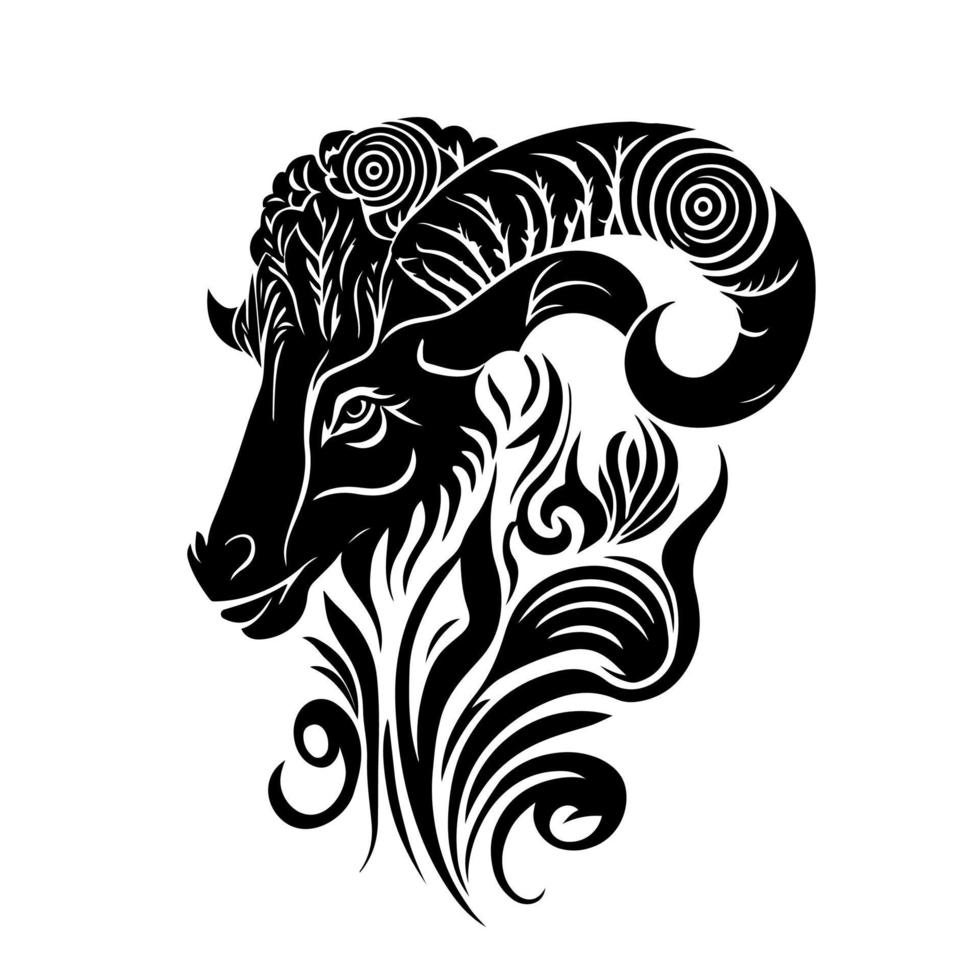 intrincado tribal RAM cabeça silhueta com ornamental padrões. monocromático vetor ilustração adequado para logotipos, tatuagens, e tema ao ar livre projetos.