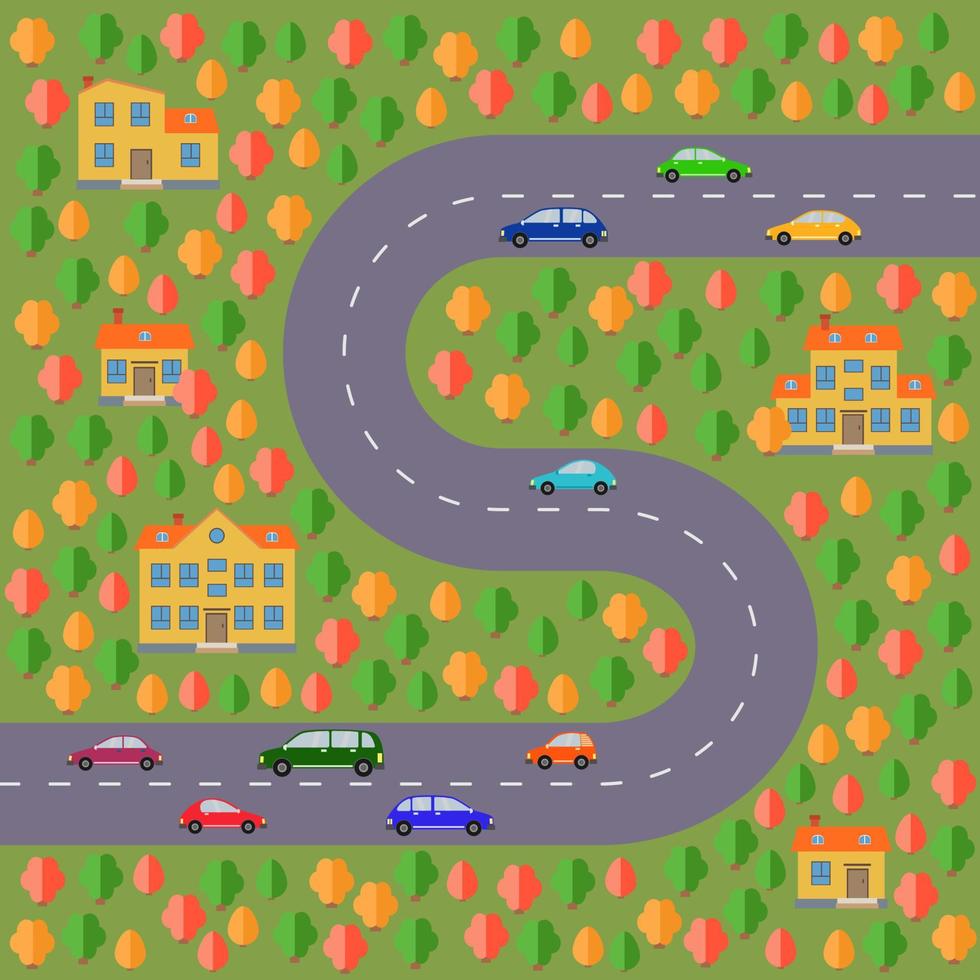 plano de aldeia. paisagem com a estrada, floresta, carros e casas. ilustração vetorial vetor