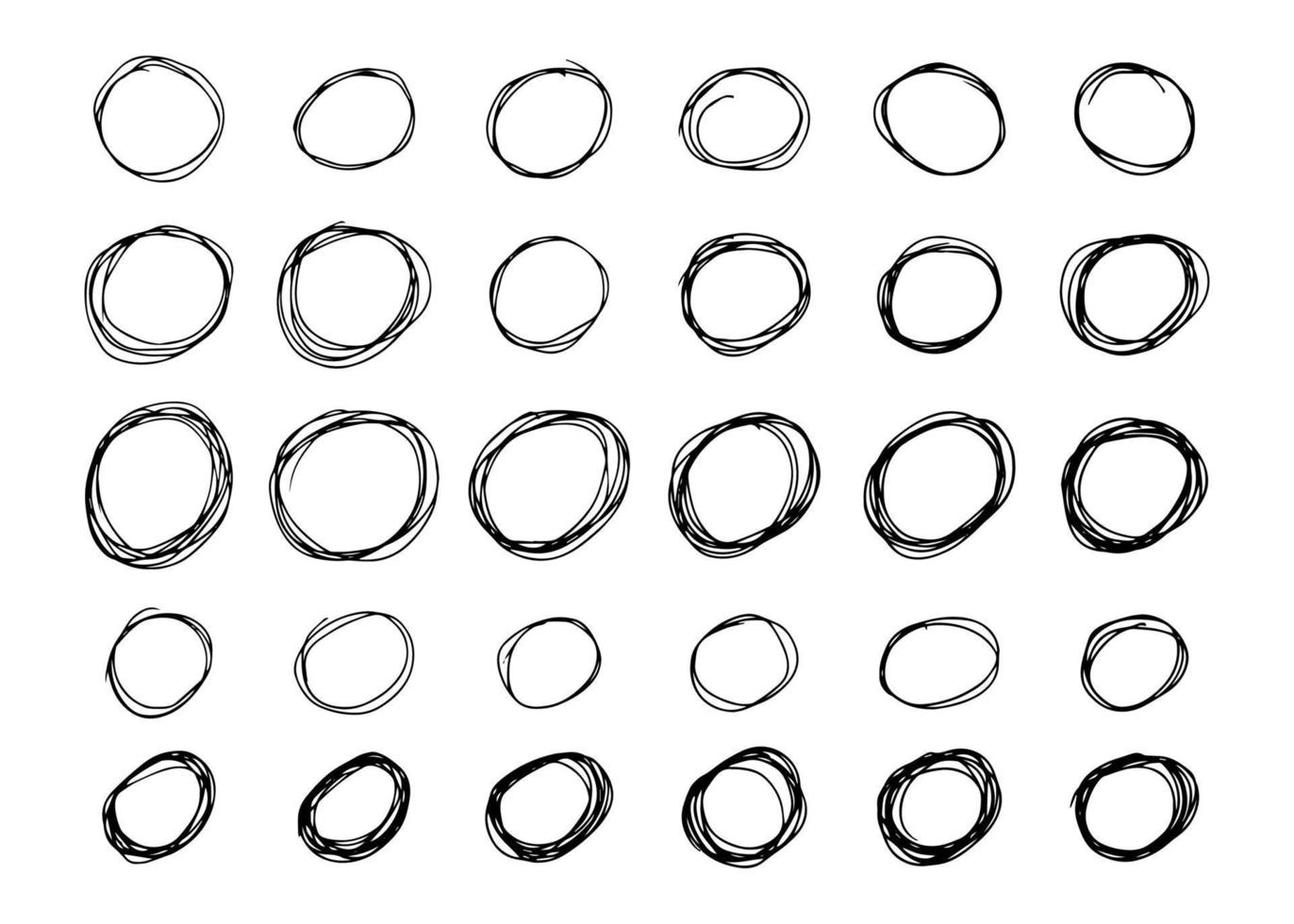 mão desenhado rabisco círculos. conjunto do trinta Preto rabisco volta circular Projeto elementos em branco fundo. vetor ilustração