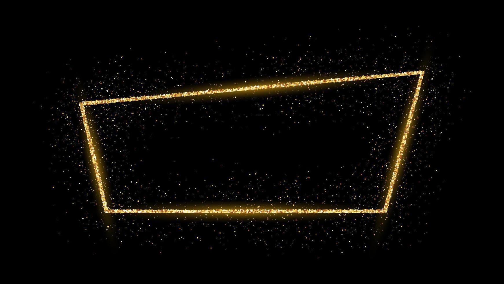 moldura dourada com glitter, brilhos e chamas em fundo escuro. cenário de luxo vazio. ilustração vetorial. vetor
