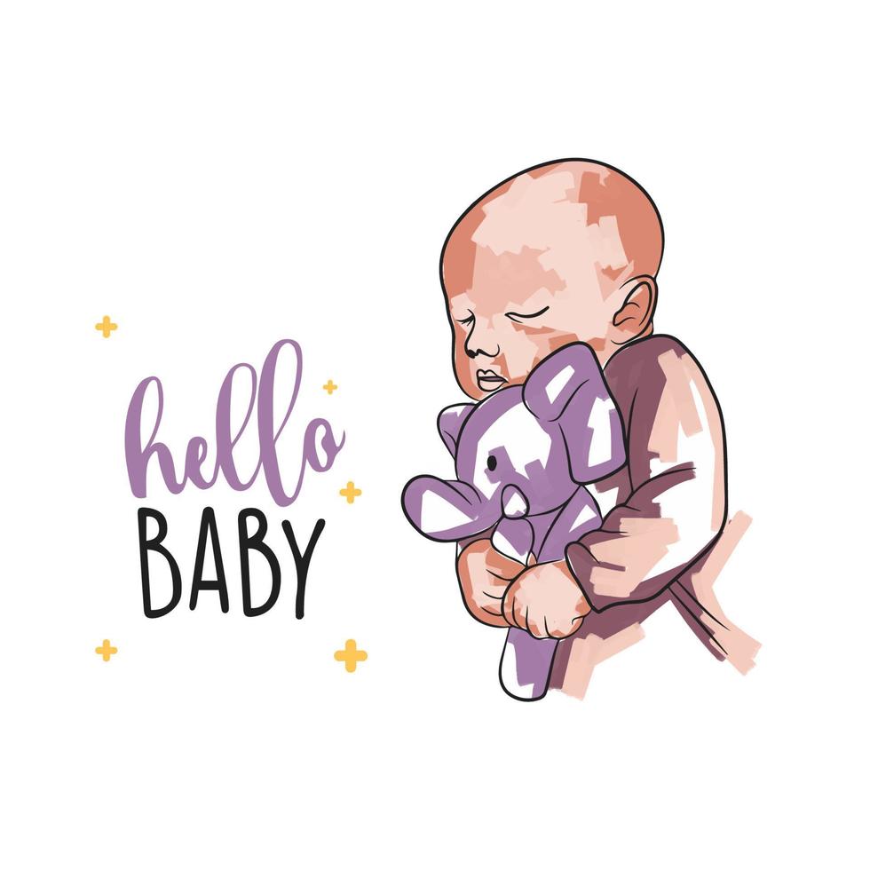 bebê cartão, Olá bebê, mão letras, pequeno Garoto com uma brinquedo, recém-nascido dentro rabisco vetor