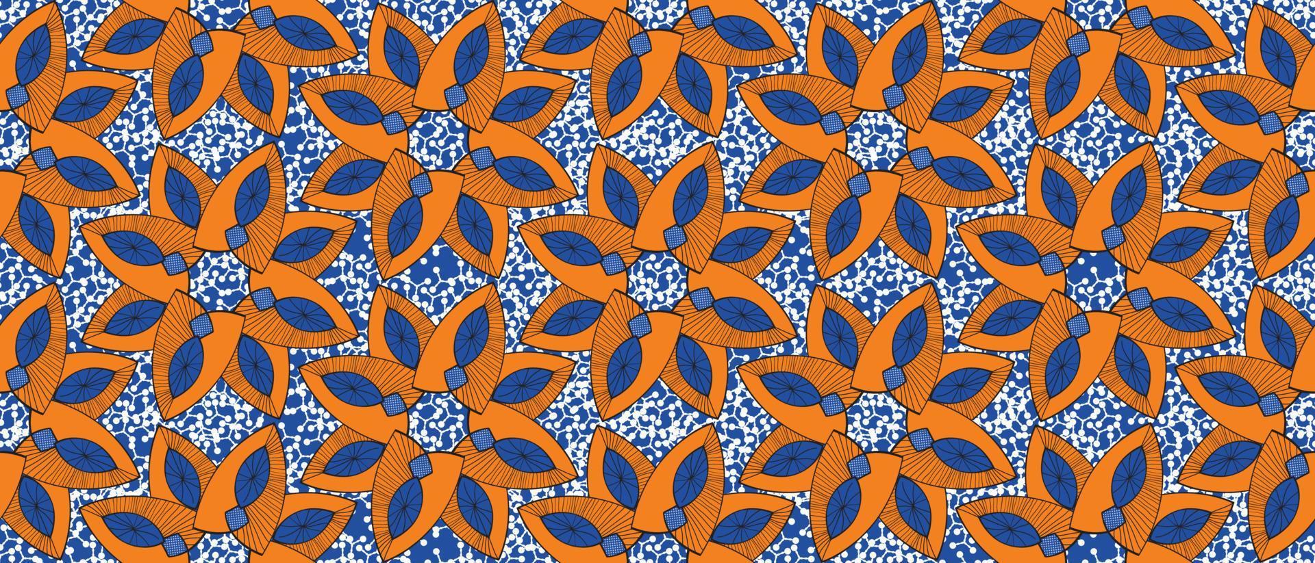 africano cera impressão padronizar. desatado lindo kitenge, chitenge, holandês cera, e angara estilo. geométrico formas moda Projeto dentro colorido. laranja botânico flor em azul fundo. africano cera impressão vetor