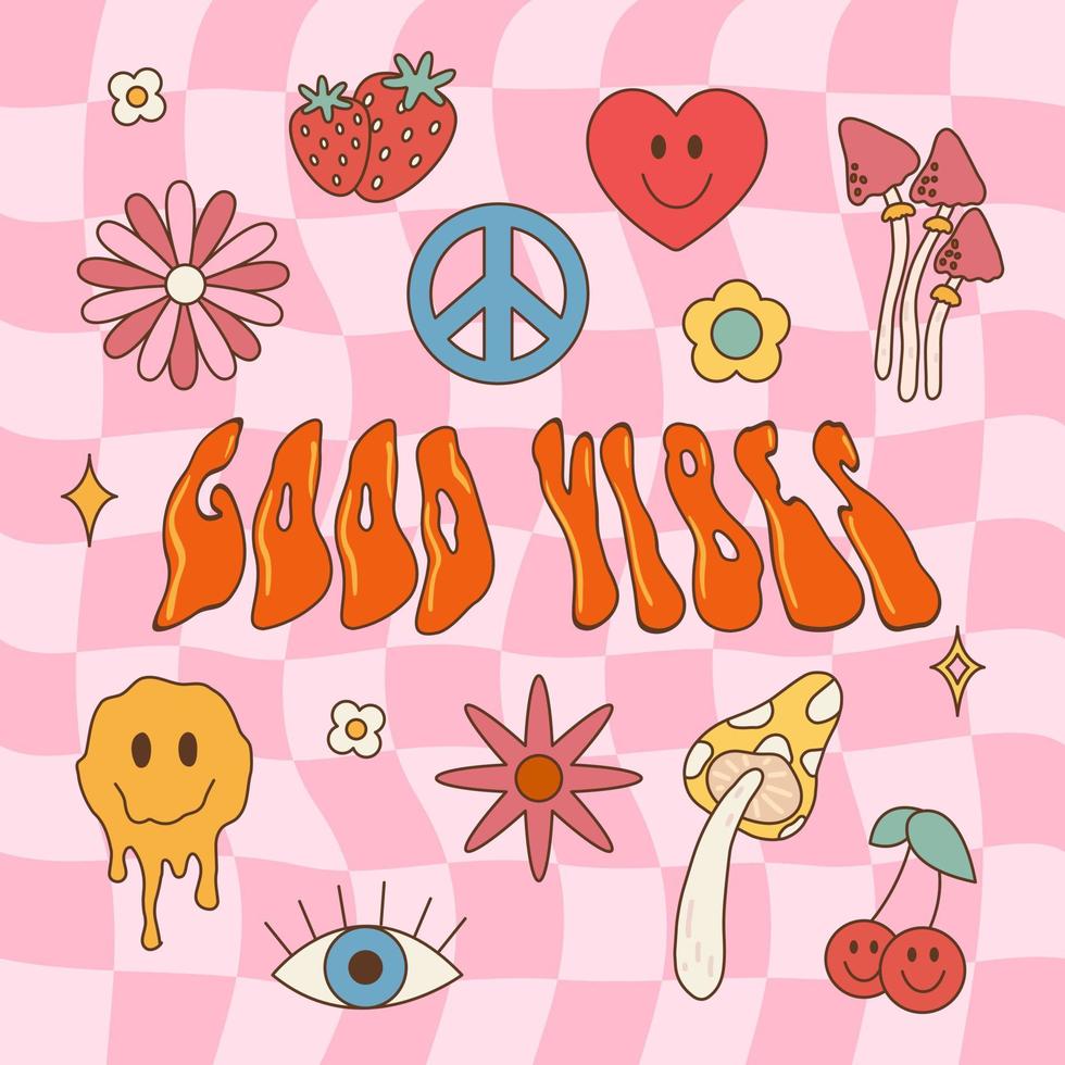 groovy hippie conjunto do Anos 70 anos 80 elementos. vetor ilustração dentro vintage estilo com inscrição Boa vibrações, flor, coração, cogumelo