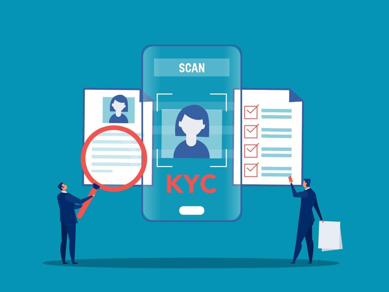 kyc ou conheça seu cliente com empresário verificando a identidade do conceito de seus clientes nos futuros parceiros por meio de uma lupa ilustradora vetorial vetor