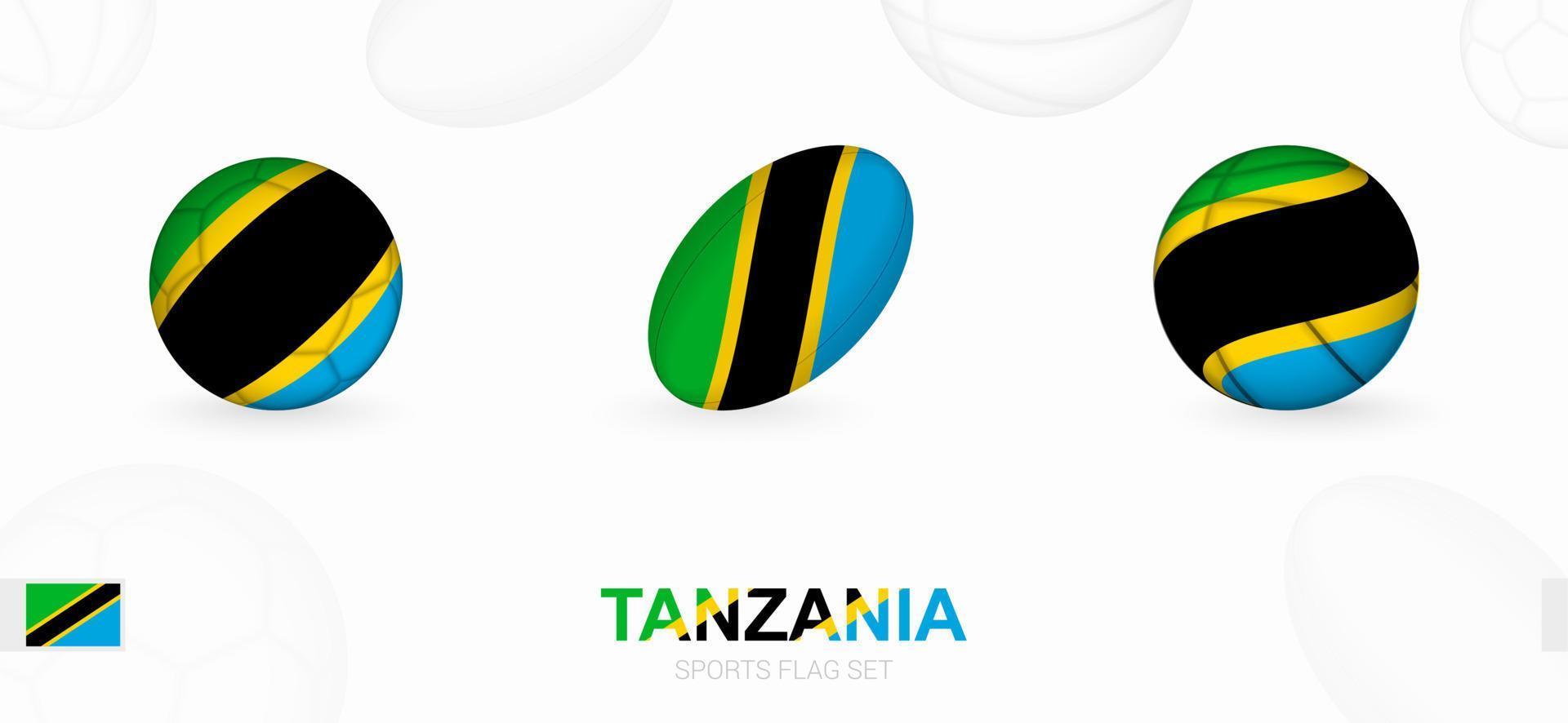 Esportes ícones para futebol, rúgbi e basquetebol com a bandeira do Tanzânia. vetor