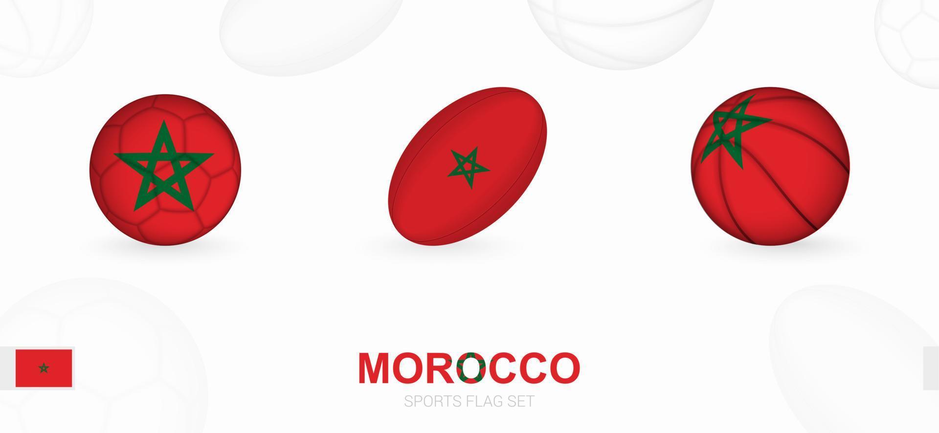 Esportes ícones para futebol, rúgbi e basquetebol com a bandeira do Marrocos. vetor
