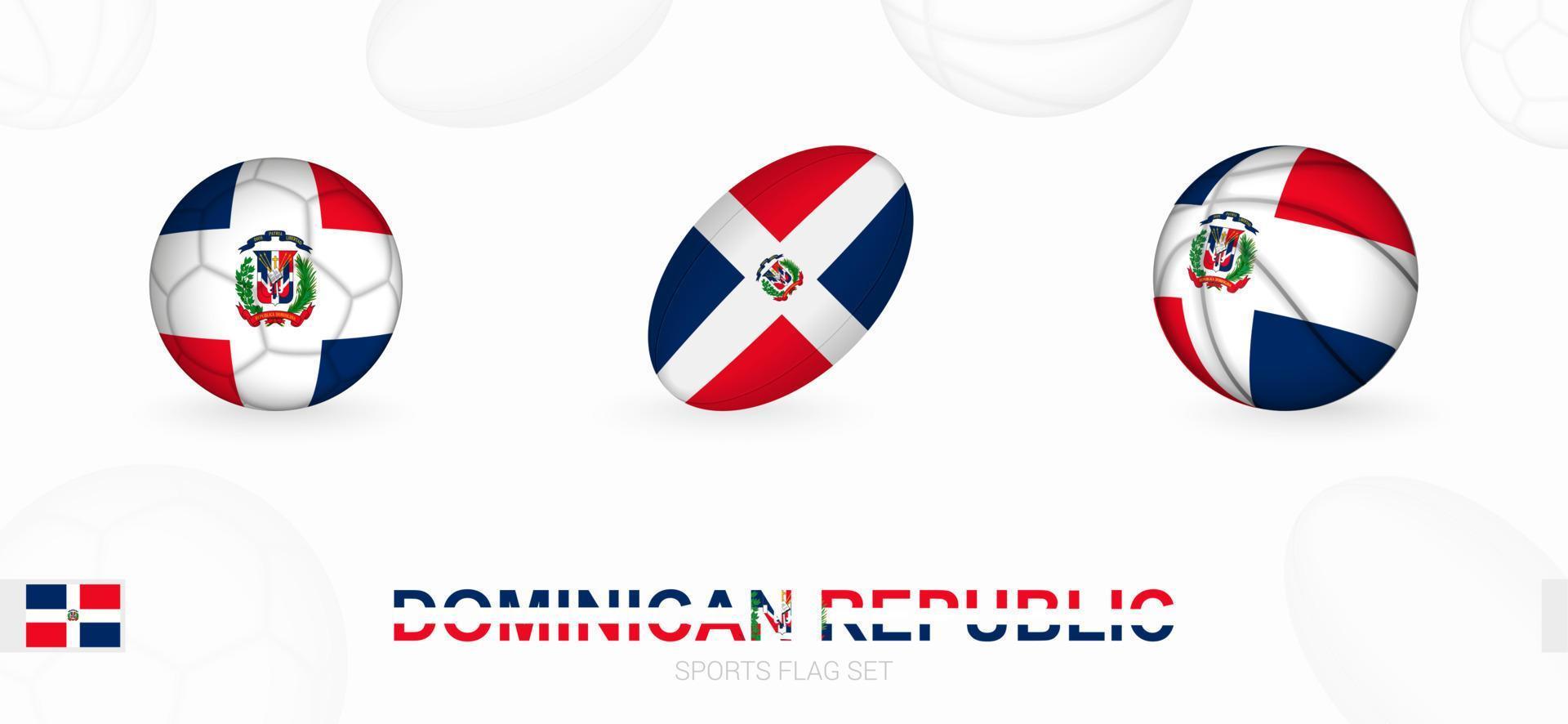 Esportes ícones para futebol, rúgbi e basquetebol com a bandeira do dominicano república. vetor