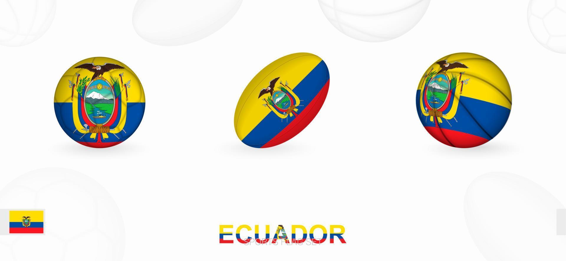 Esportes ícones para futebol, rúgbi e basquetebol com a bandeira do Equador. vetor