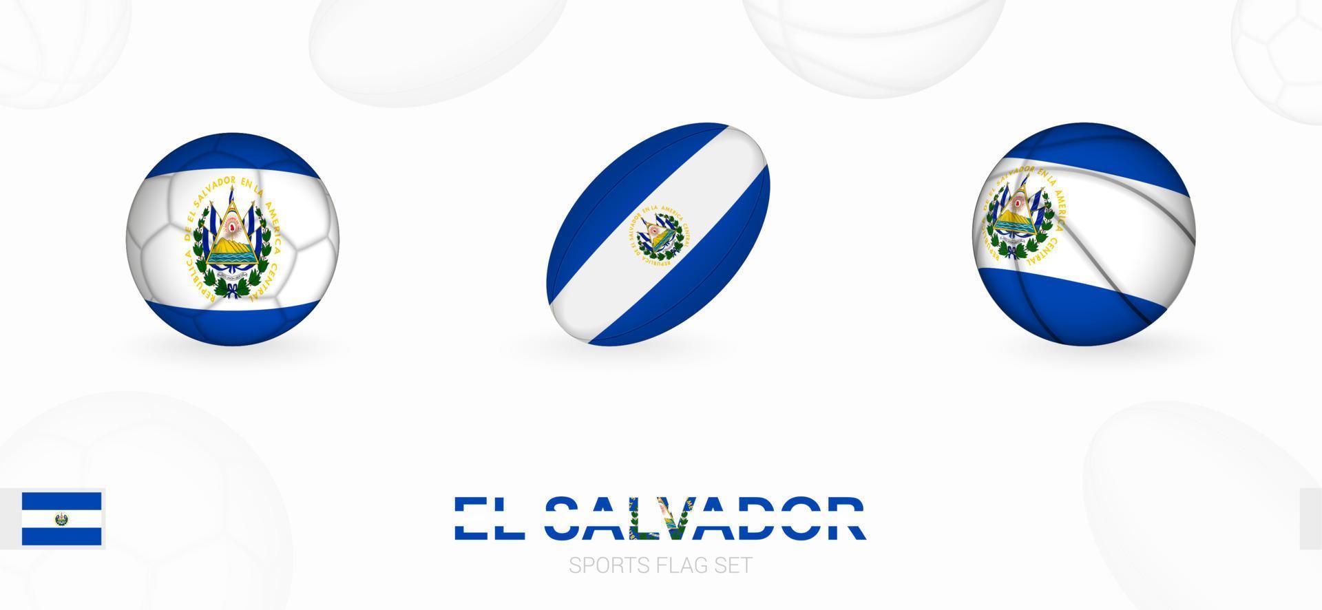 Esportes ícones para futebol, rúgbi e basquetebol com a bandeira do el salvador. vetor