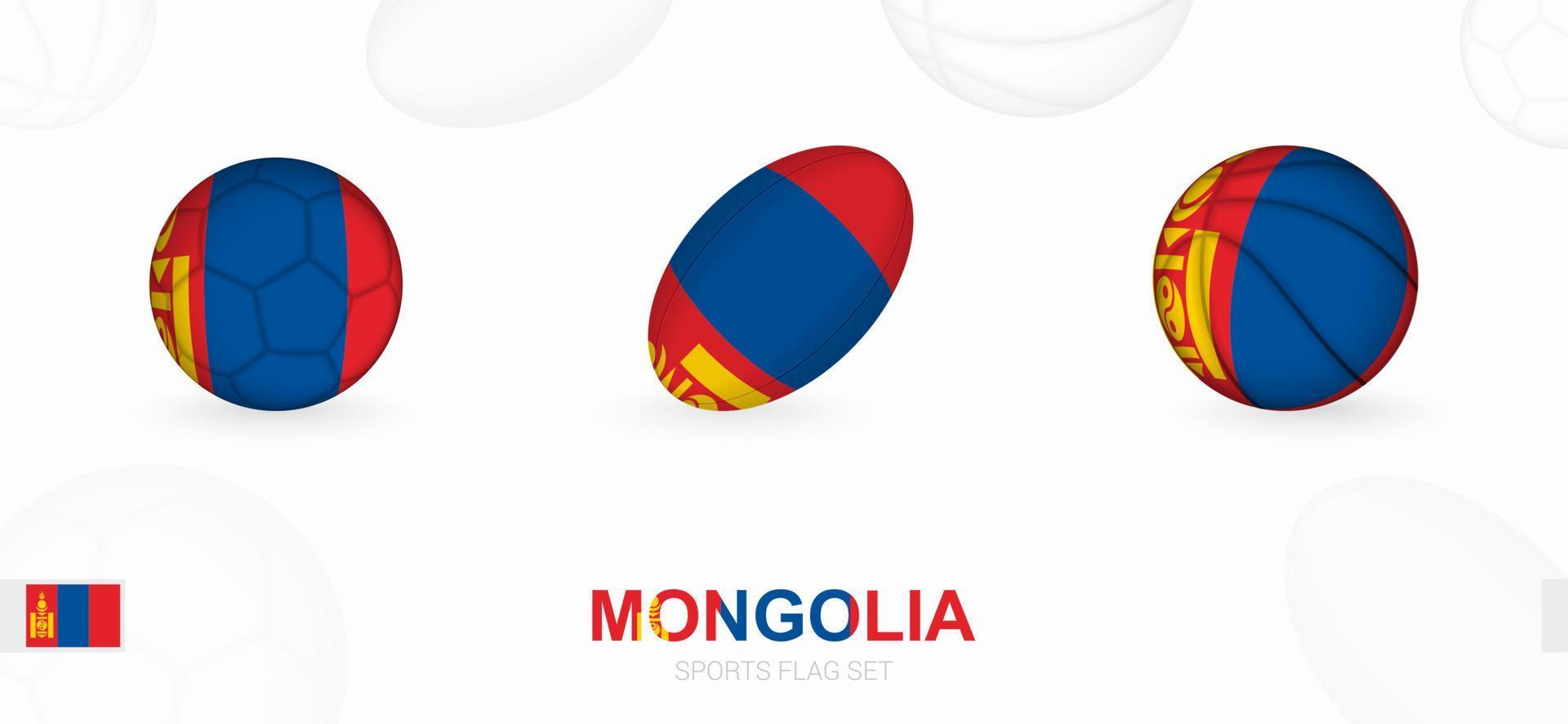 Esportes ícones para futebol, rúgbi e basquetebol com a bandeira do Mongólia. vetor