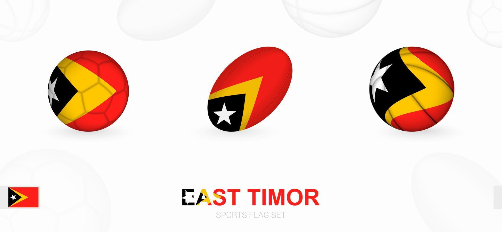 Esportes ícones para futebol, rúgbi e basquetebol com a bandeira do leste timor. vetor