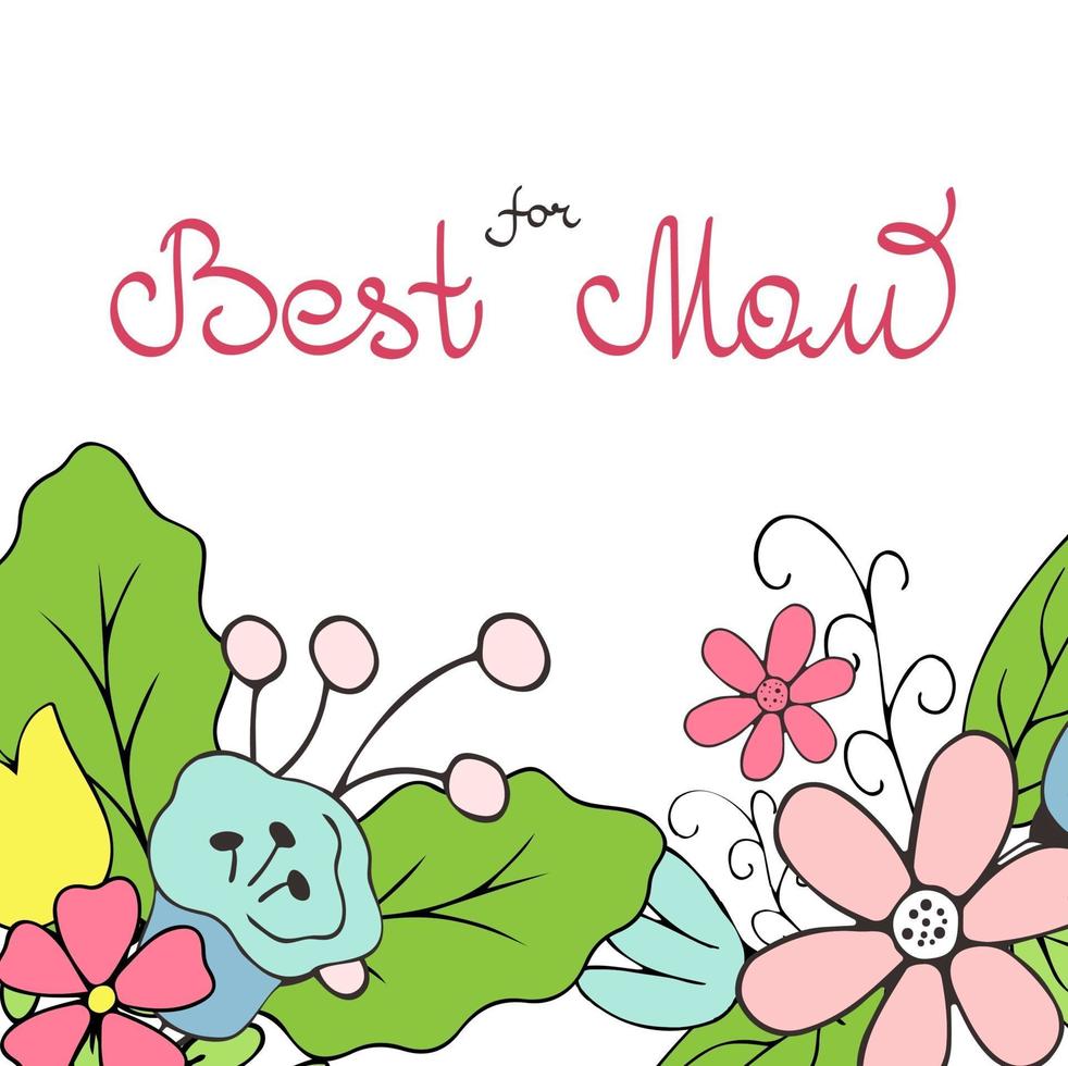 modelo de cartão de dia das mães. flores e letras para a melhor mãe. ilustração vetorial no estilo doodle vetor