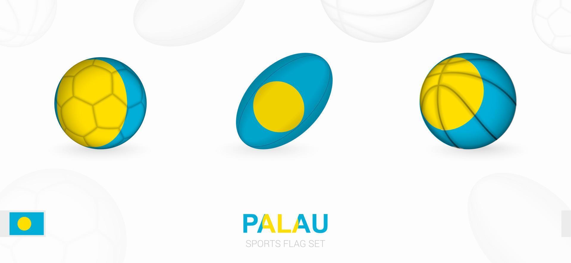 Esportes ícones para futebol, rúgbi e basquetebol com a bandeira do palau. vetor