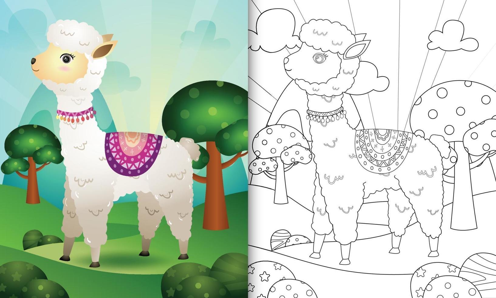 livro de colorir para crianças com uma ilustração de um personagem bonito de alpaca vetor