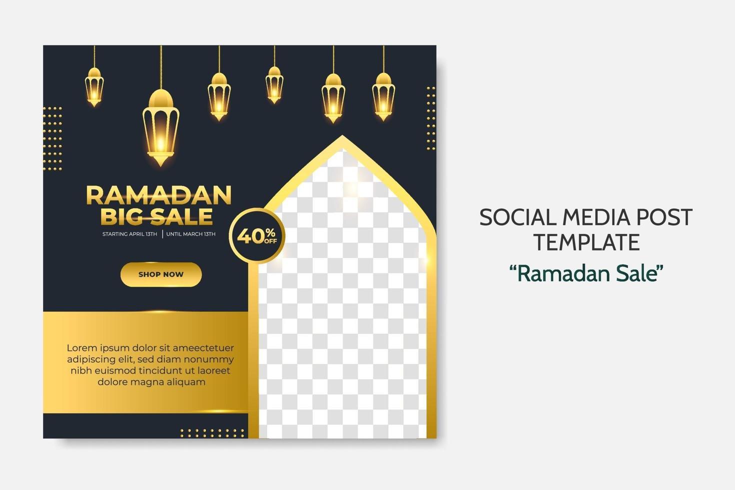 modelo de postagem de mídia social de venda ramadan. publicidade em banner da web para cartão, voucher, evento islâmico. vetor