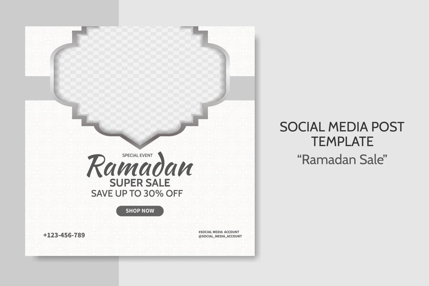 modelo de postagem de mídia social de venda ramadan. publicidade de banner da web com estilo de cor branca e cinza para cartão, voucher, evento islâmico. vetor