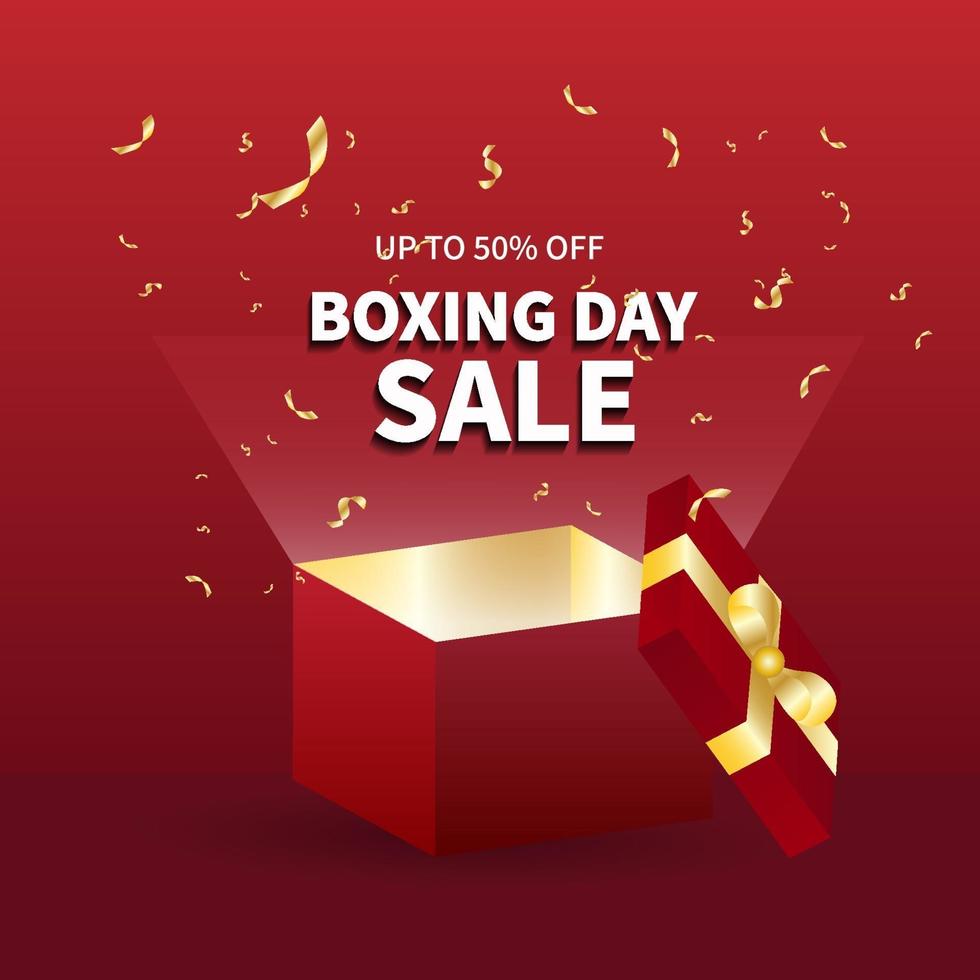 design de modelo de banner de venda. venda de boxing day com caixa vermelha, oferta especial de marketing de mídia social e web melhor preço em vetor