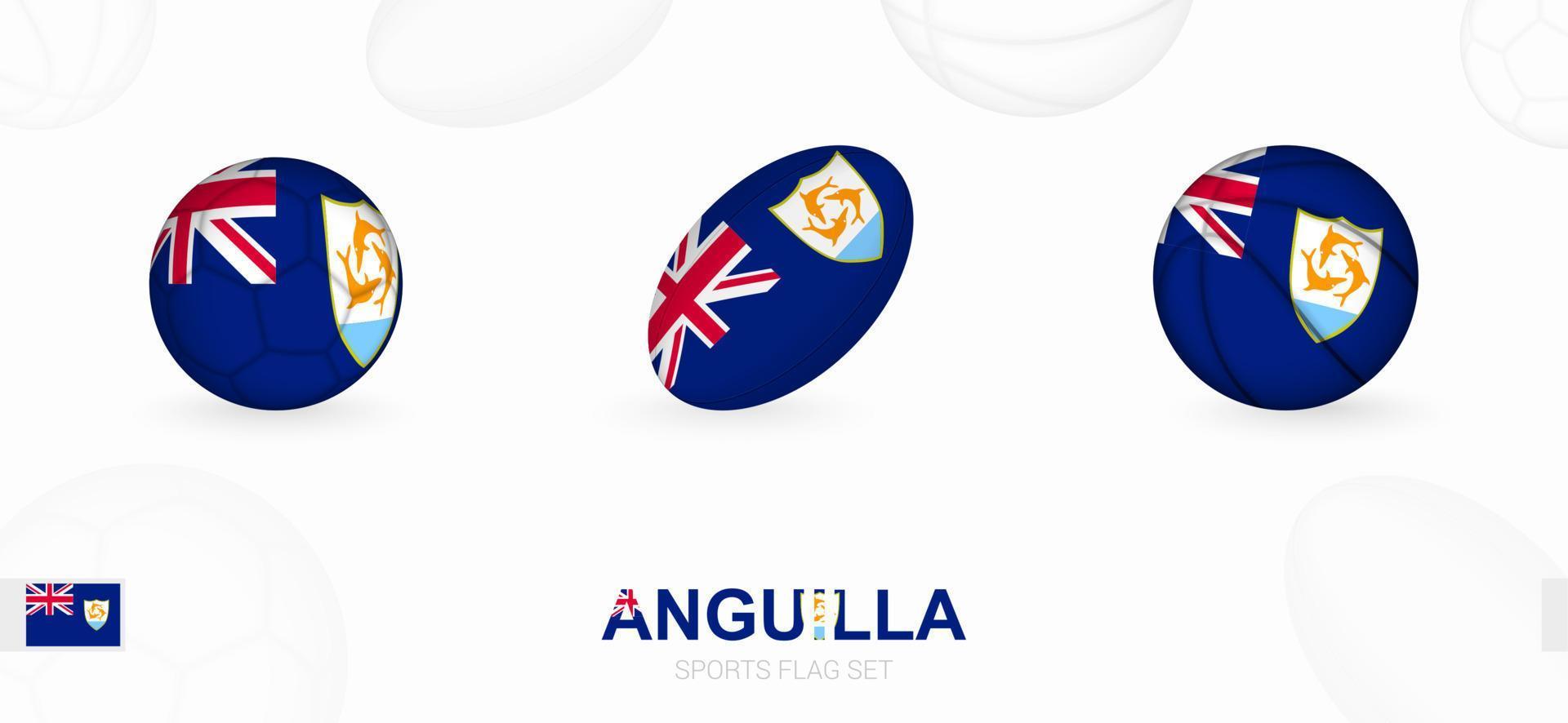 Esportes ícones para futebol, rúgbi e basquetebol com a bandeira do anguila. vetor