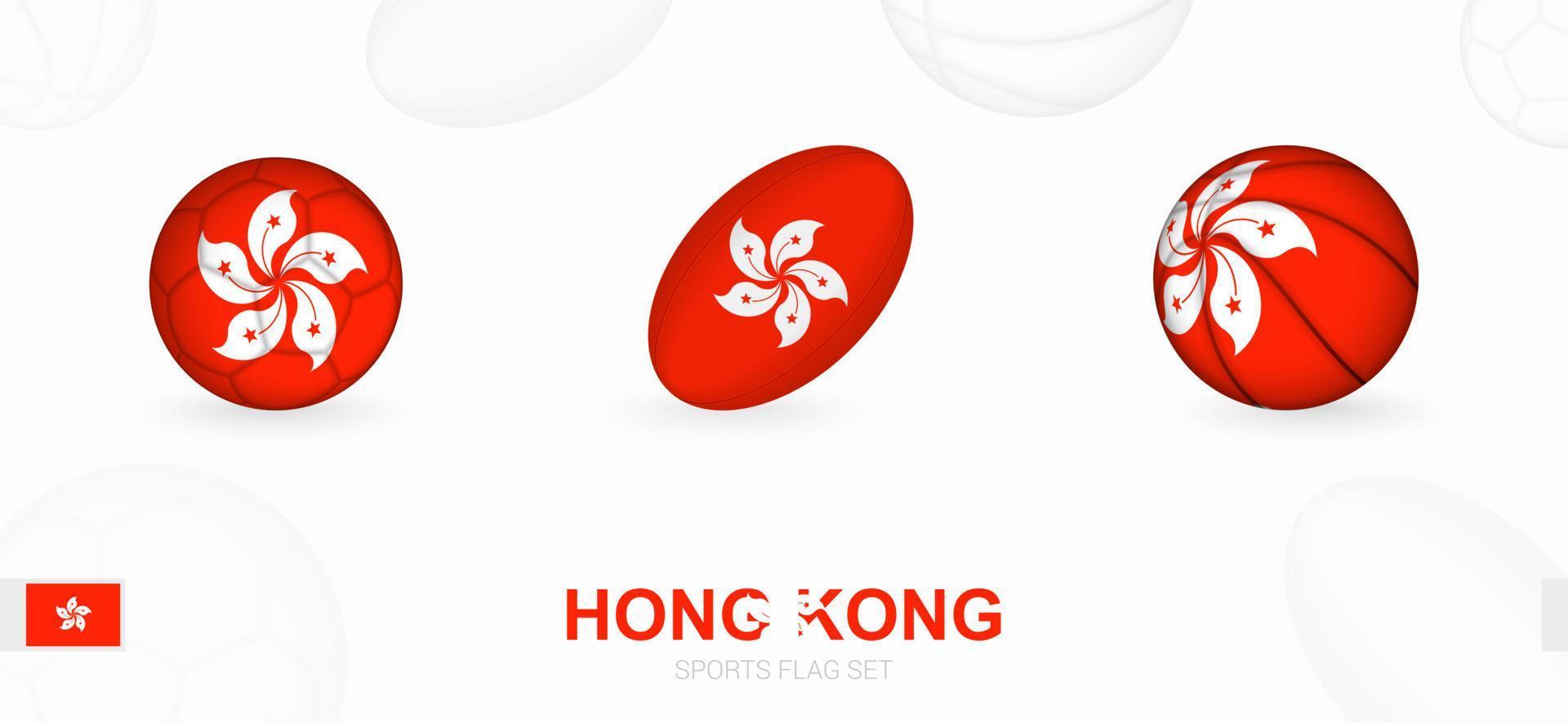 Esportes ícones para futebol, rúgbi e basquetebol com a bandeira do hong kong. vetor