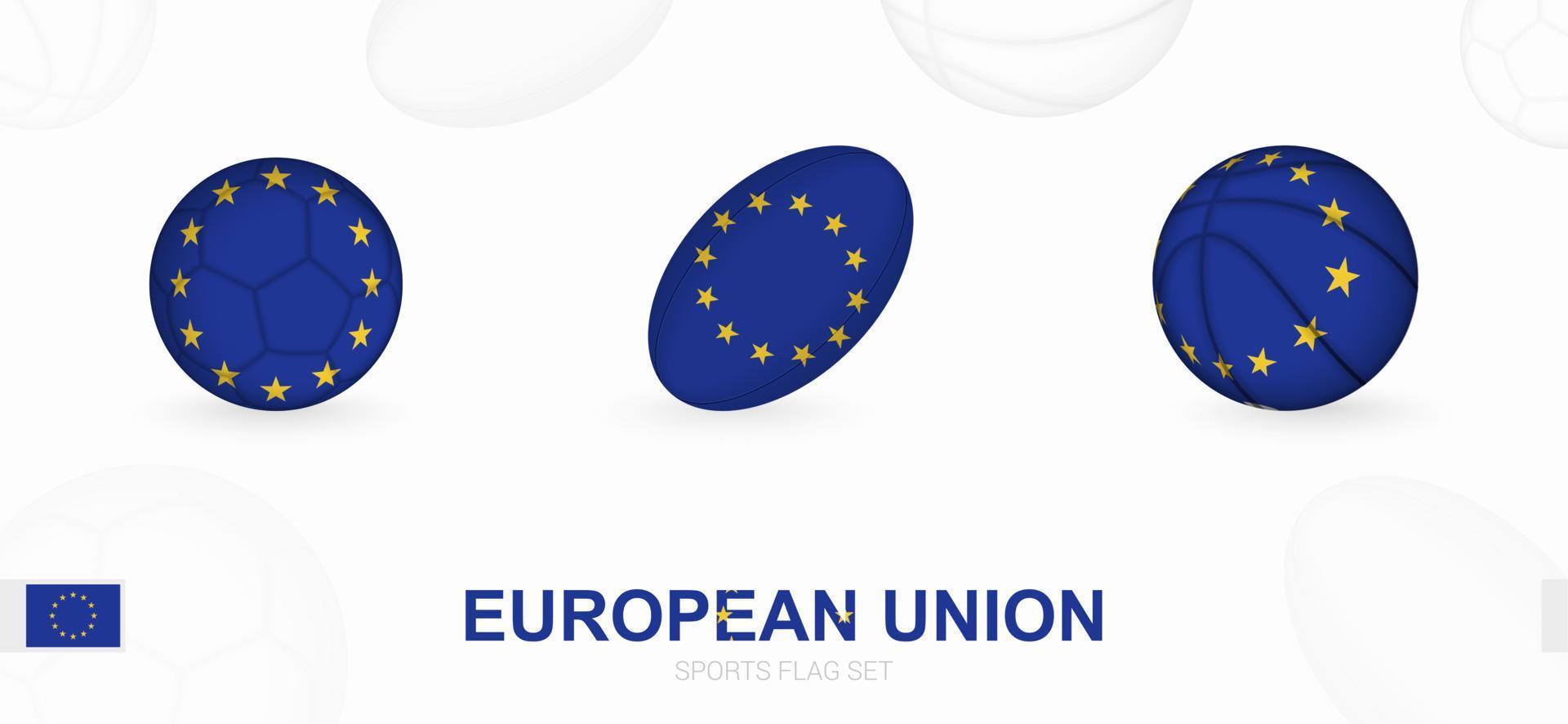 Esportes ícones para futebol, rúgbi e basquetebol com a bandeira do europeu União. vetor