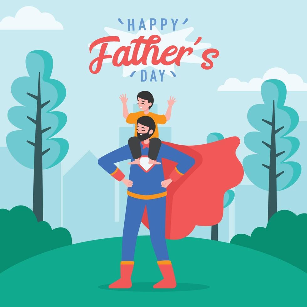 feliz dia dos pais, pai e filho brincando de super-herói vetor