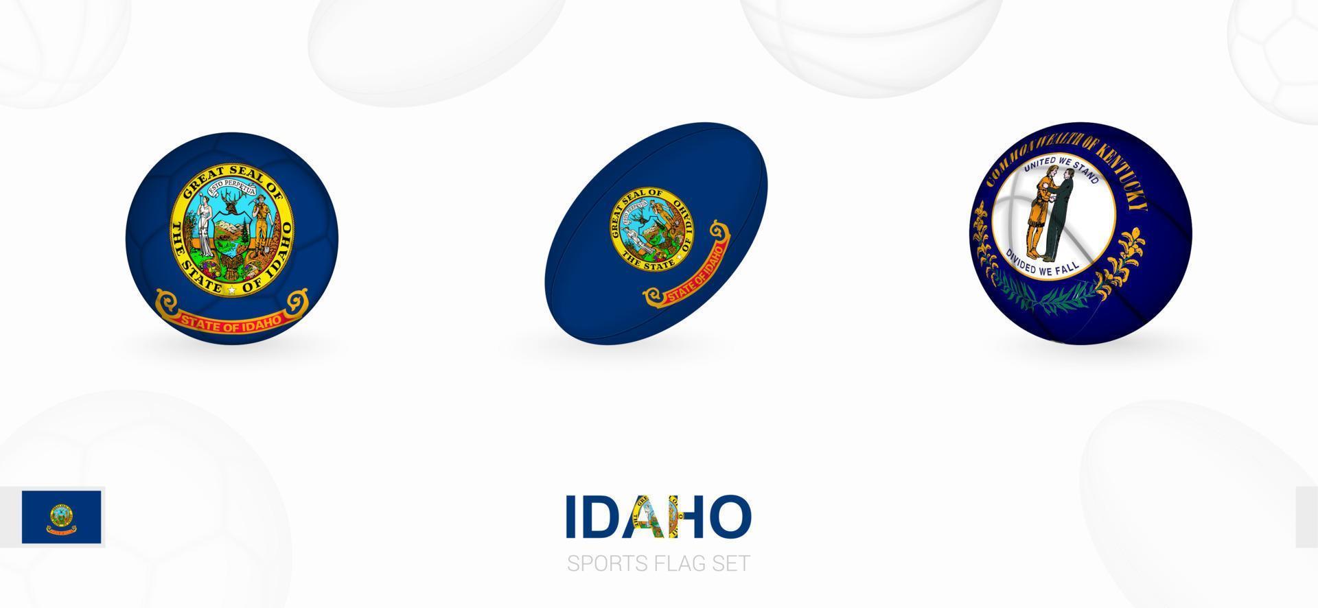 Esportes ícones para futebol, rúgbi e basquetebol com a bandeira do idaho. vetor