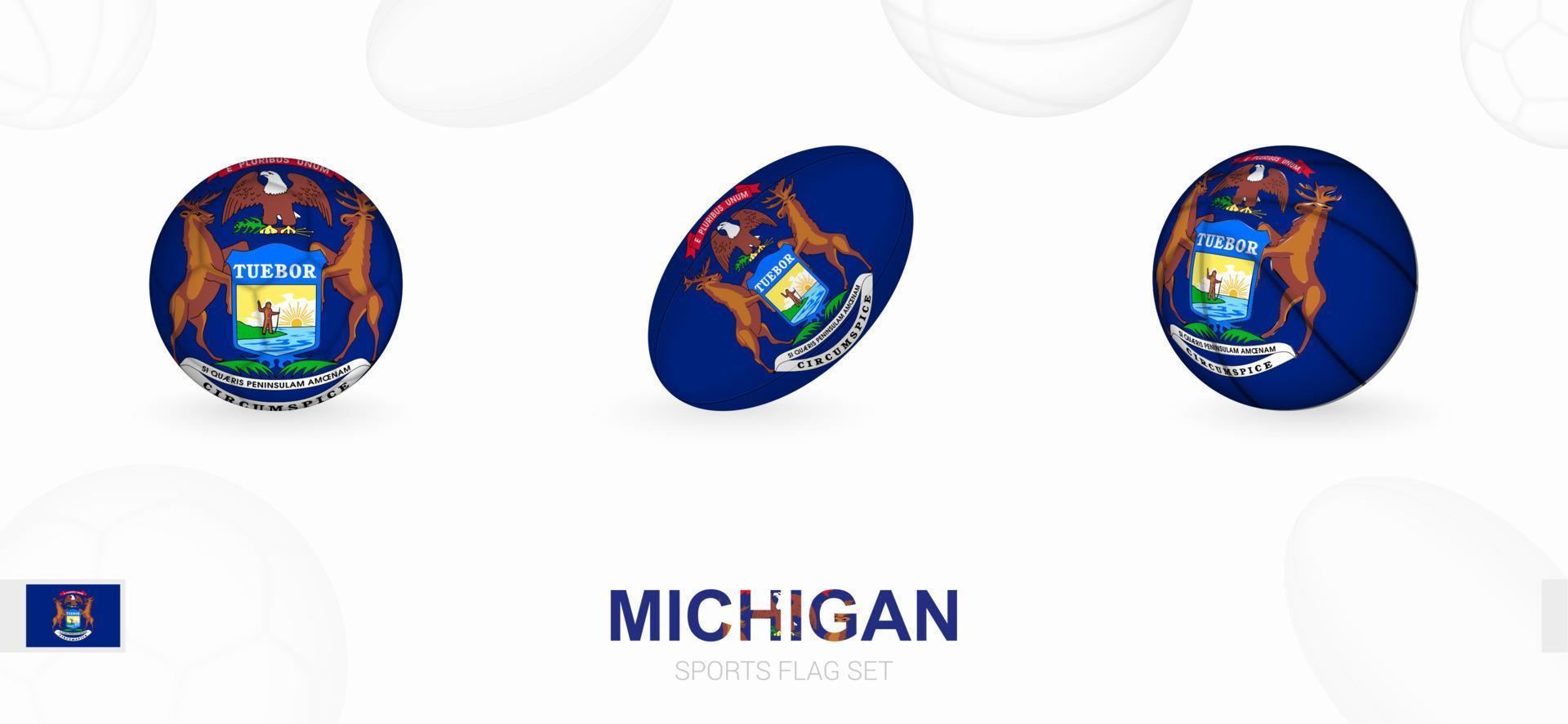 Esportes ícones para futebol, rúgbi e basquetebol com a bandeira do Michigan. vetor