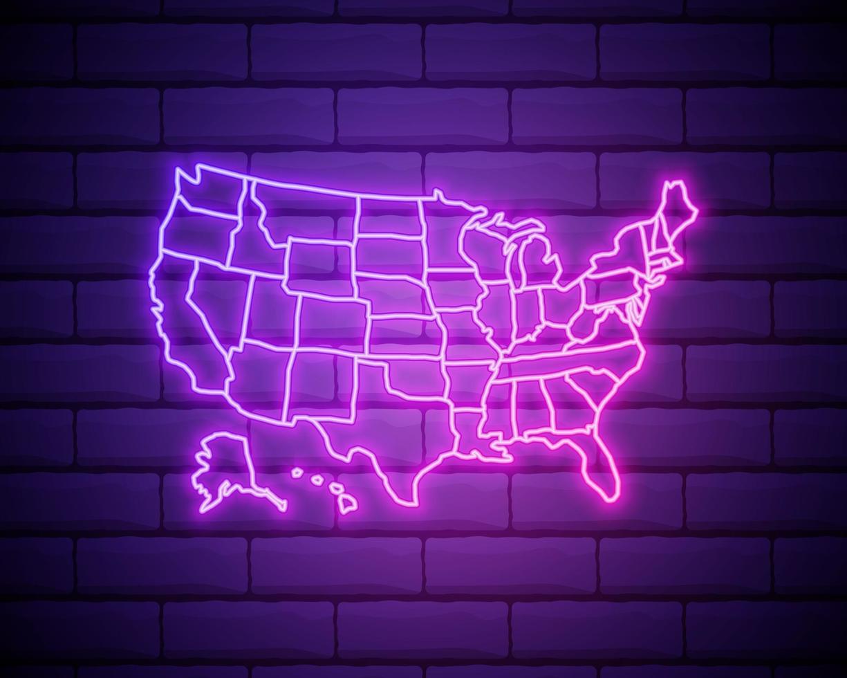 Estados Unidos mapear o sinal de lâmpada de néon brilhante. ilustração vetorial realista. parede de tijolos roxos, brilho violeta. vetor