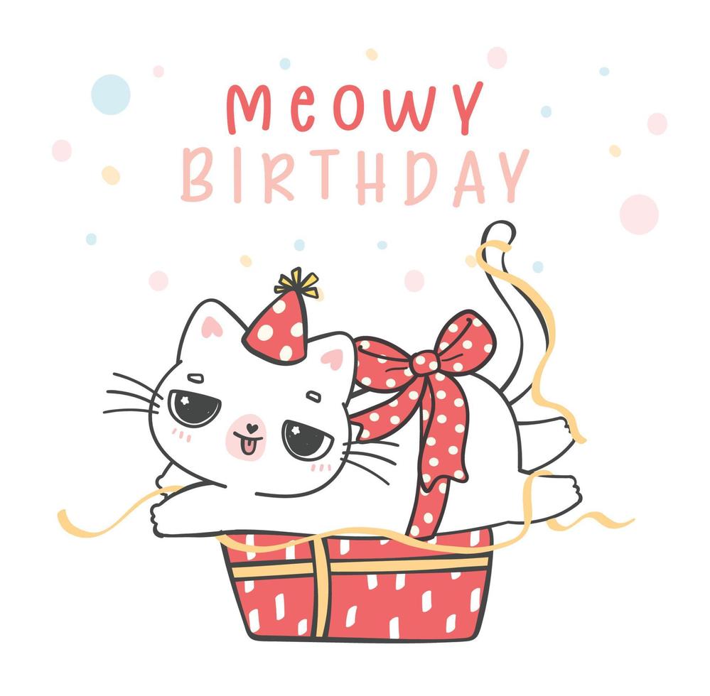 fofa engraçado brincalhão branco gatinho gato deitado baixa em presente caixa, miado aniversário alegre animal animal desenho animado rabisco personagem desenhando vetor